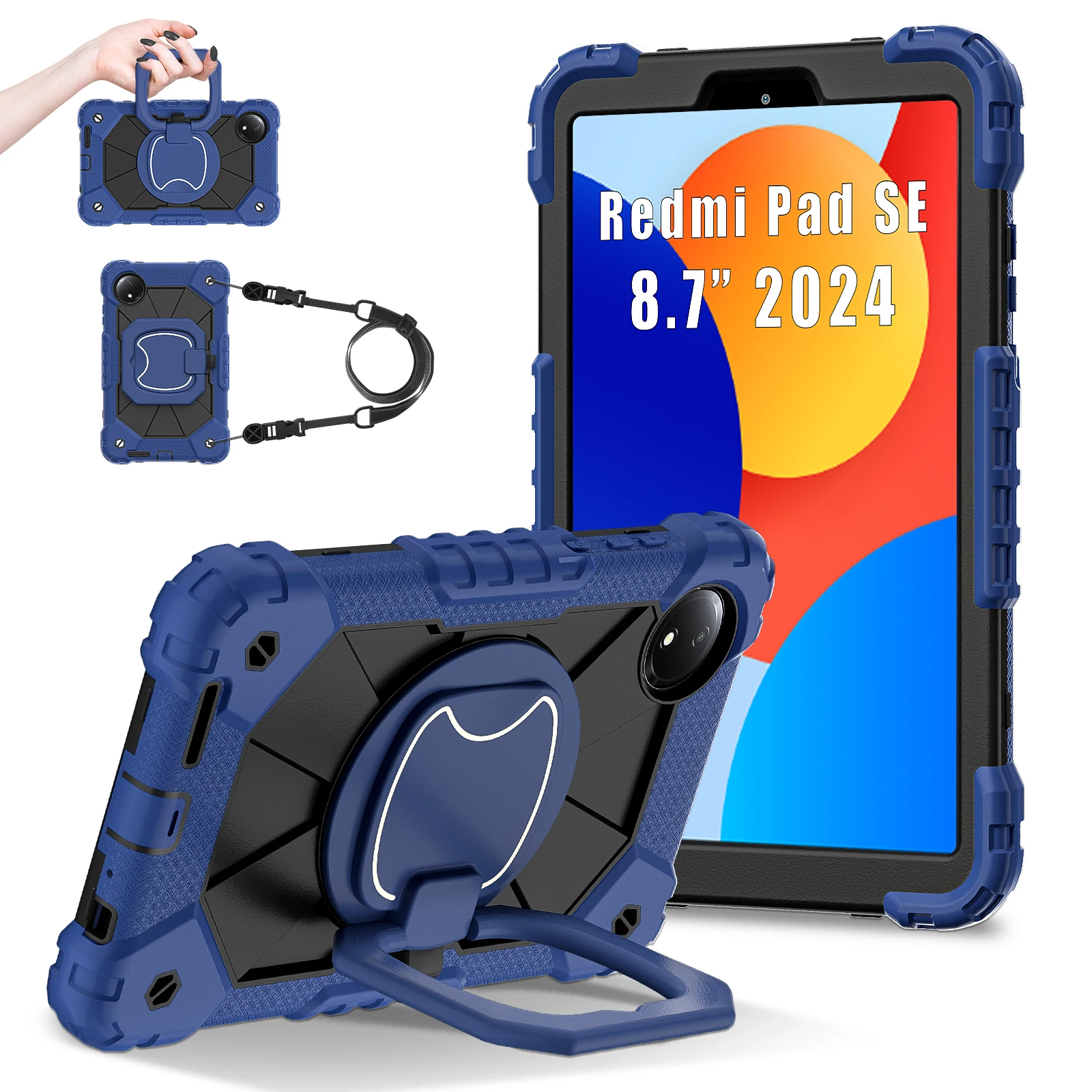 

For 2024 Redmi Pad SE Case with 8.7 Inch Pen Tray Triple Drop Case Soft Shell 360 Swivel Stand