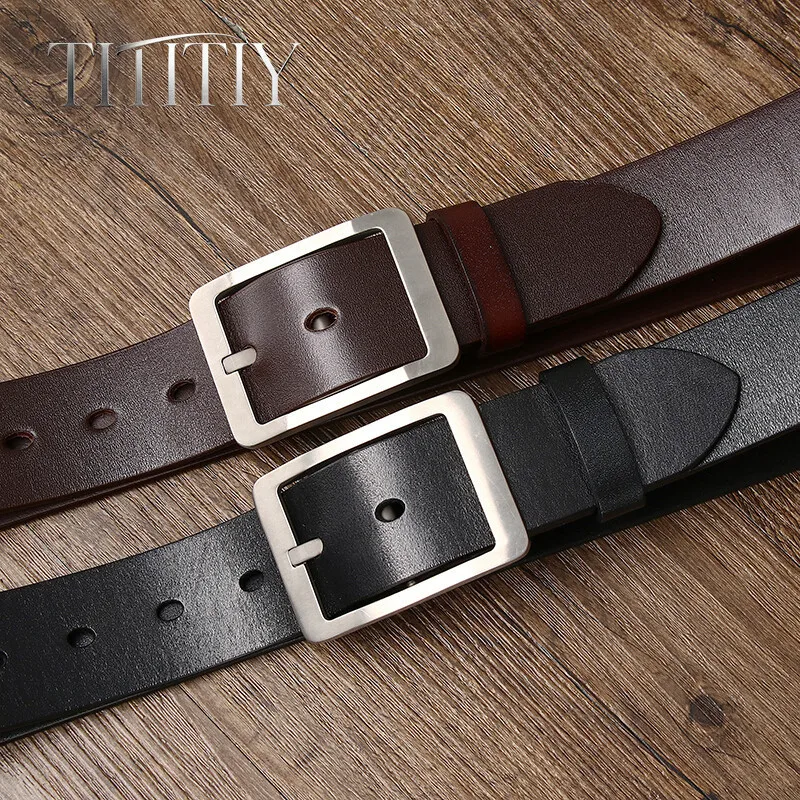 High Quality Men Genuine Leather Belt Pure Titanium Buckle, 38mm Vintage Fashion All-match Formal Suit Jeans Waistband For Men