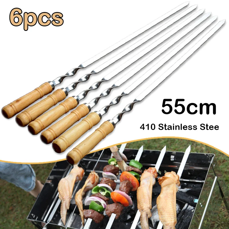 55cm duży grill szaszłyk ze stali nierdzewnej wielokrotnego użytku ze stali nierdzewnej Kebab kij z drewnianą rączką na zewnątrz kemping piknik narzędzia do gotowania