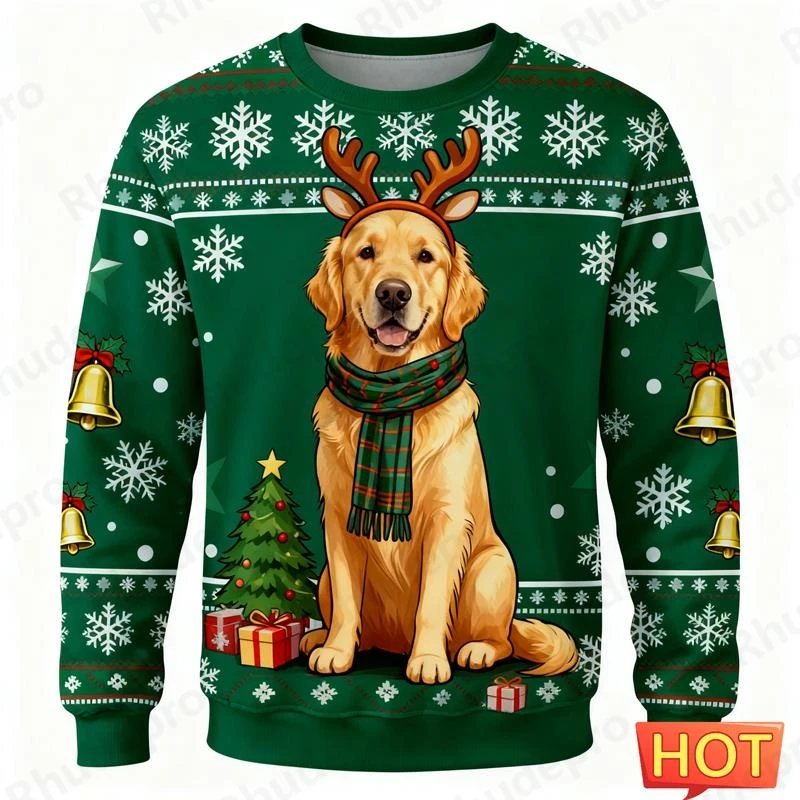 2027 New Golden Retriever Graphic Ugly Christmas Sweater Fashion Cute Dog 3D Printed Xmas Sweatshirts Loose Breathable Pullovers