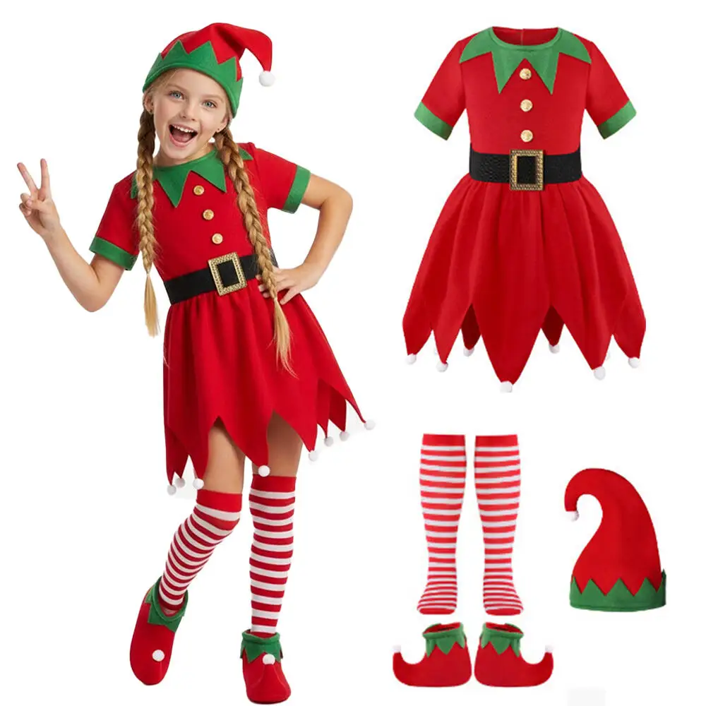 

New Girls Christmas Elf Costume Red Santa Claus Cosplay Helper Dress Set Elf Hat Shoes and Stockings Carnival Birthday Party Set