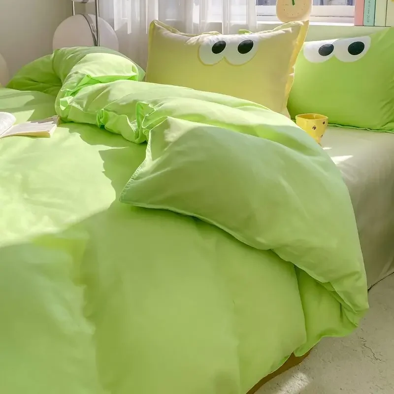 Cute Korean Style Duvet Cover Set No Filler Green Pink Mix Color Flat Sheet Pillowcases Polyester Twin Queen Size Bed Linens