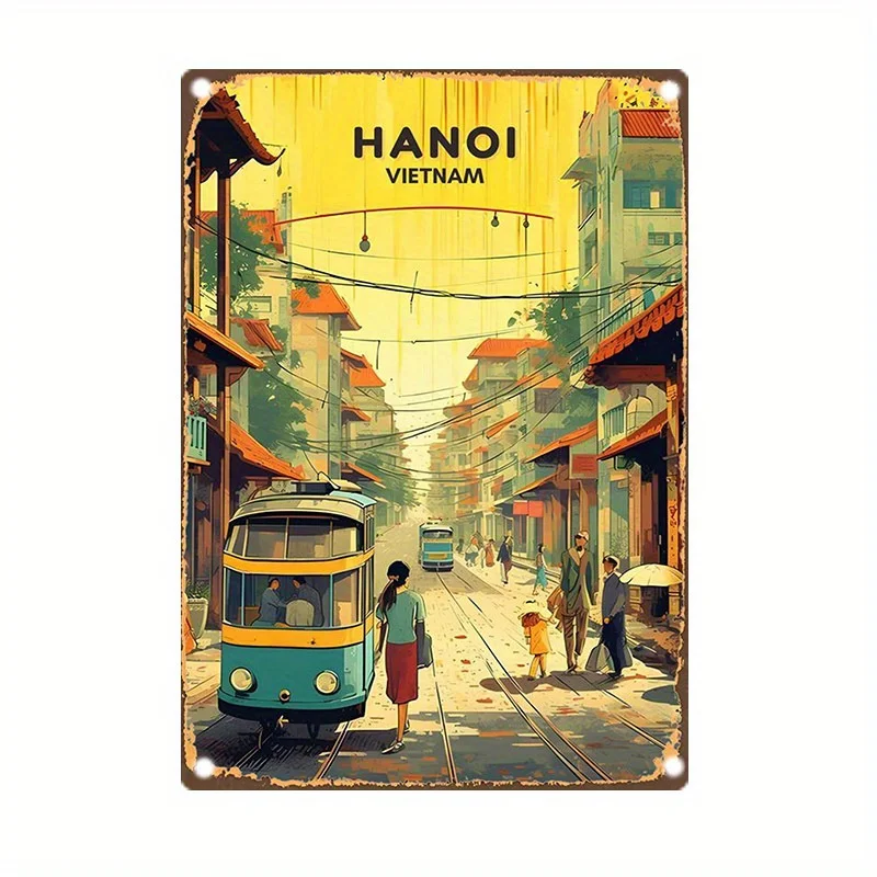 Classic Hanoi Vietnam Street Scene Tin Sign, , Vintage Iron Wall Art, Pre-Drilled, Corrosion-Resistant, Home & Office Decor, Eng