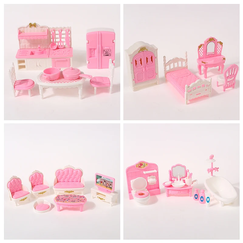 Bonito Pink Miniature Móveis, Dollhouse, Quarto, Cozinha, Banheiro, Sala de estar, Suprimentos, Acessórios