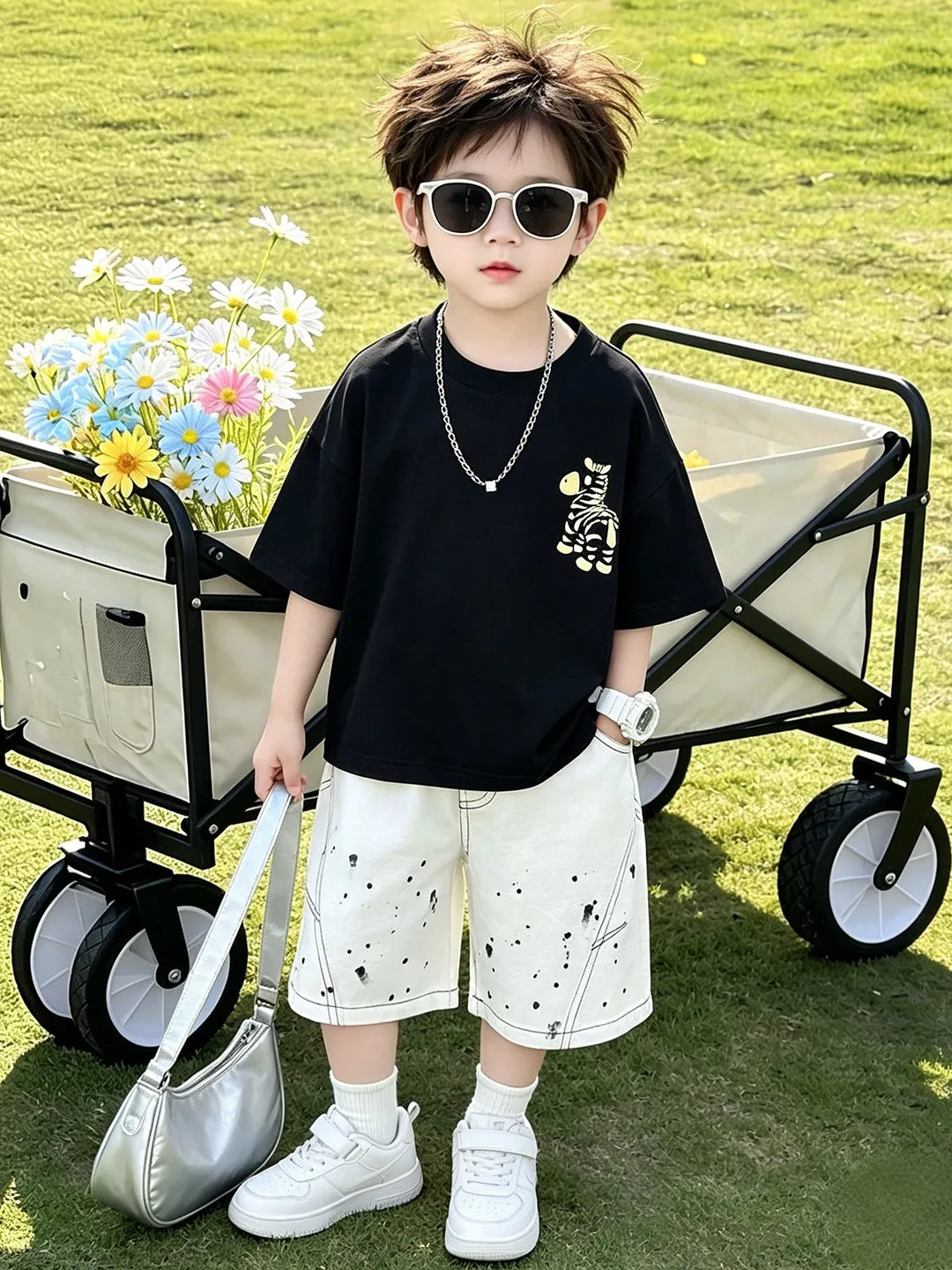 子供用夏服漫画柄カジュアルルーズ薄手半袖上下セットおしゃれクールスタイル男の子服セット