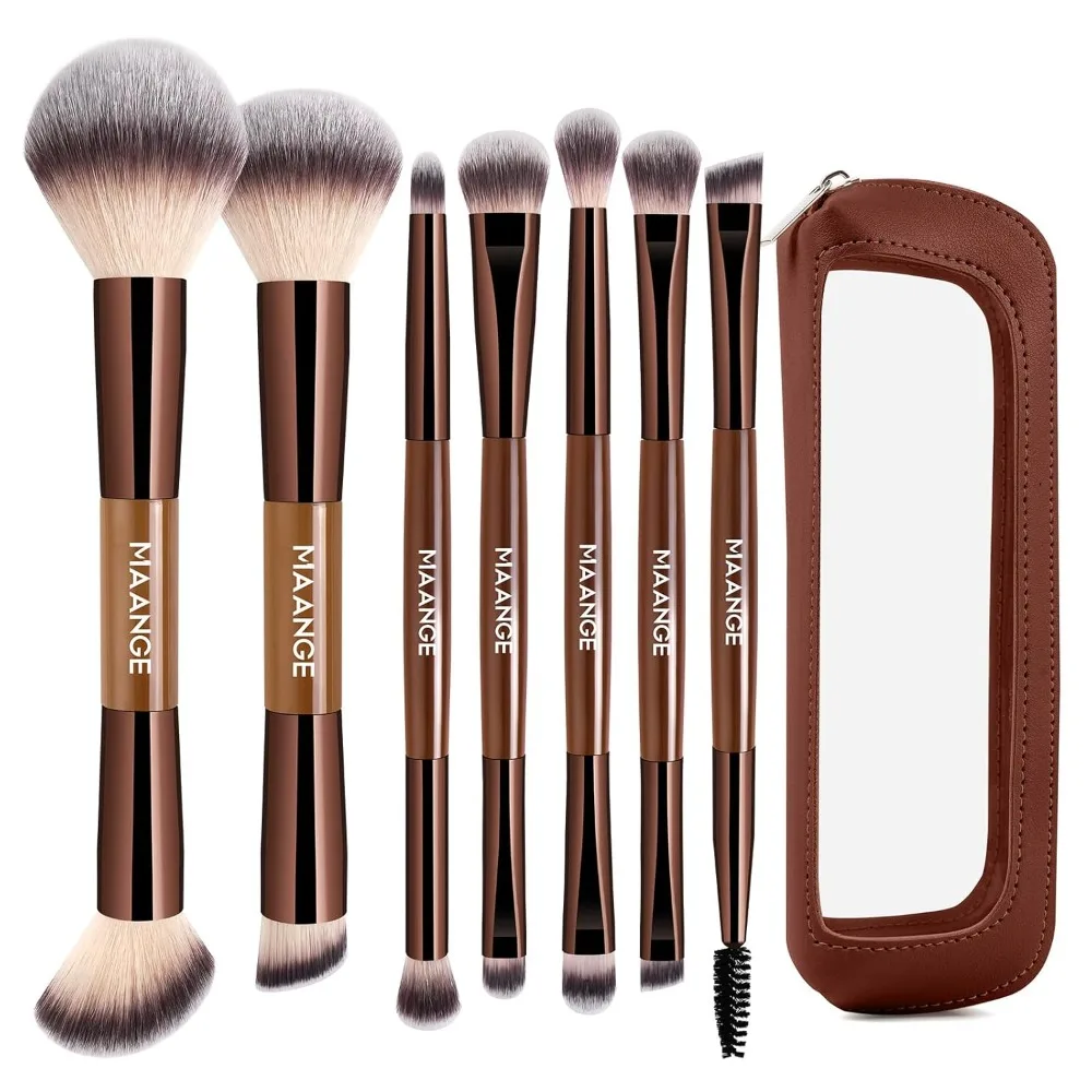 7 PCS Foundation Makeup Brush Set With Bag, Make up Brushes, Eyeshadow Concealer Brush, Double-ended Foundation Contour Powder Blush, Professional Face brush Set Tools For Liquid,Cream(Apricot)