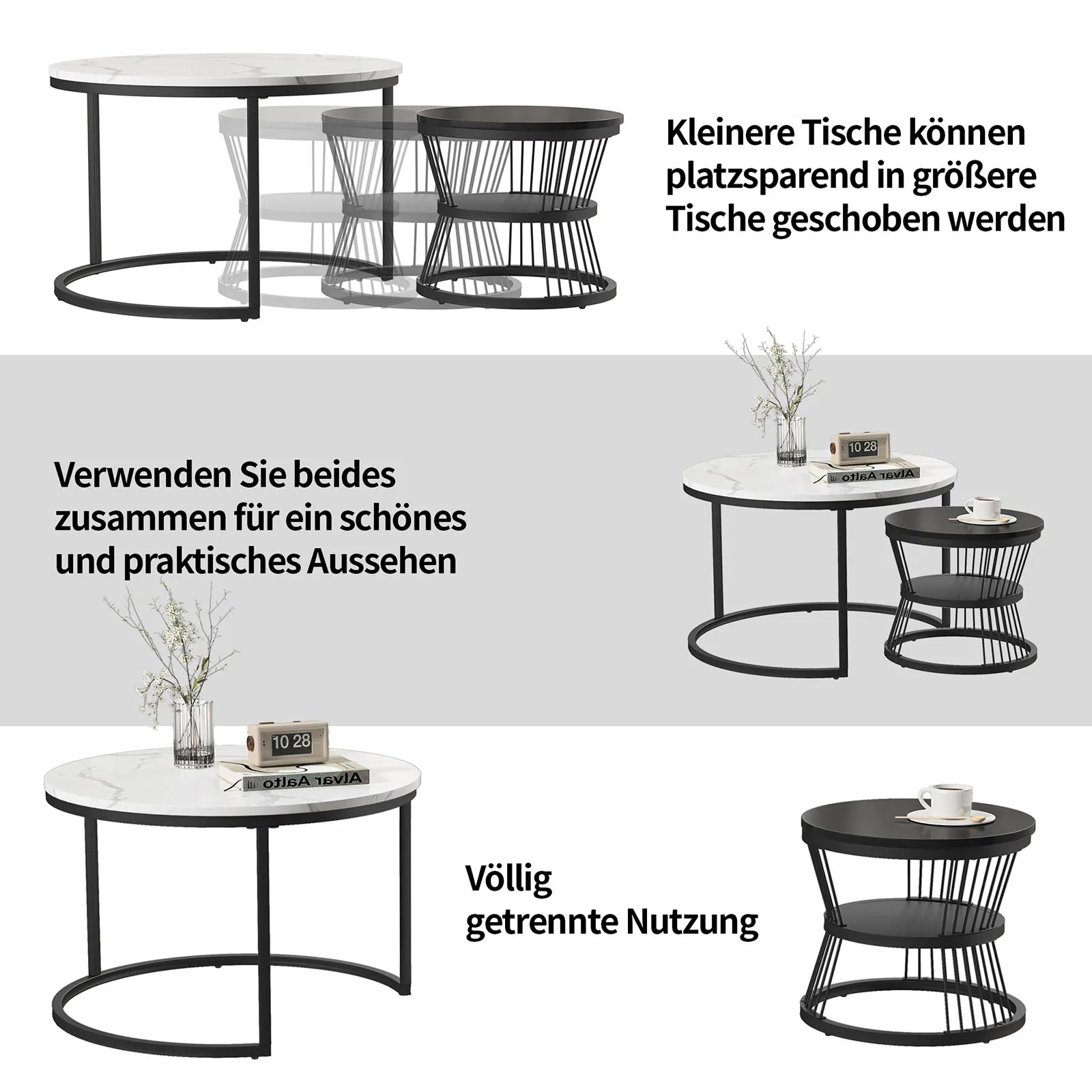Couchtisch-Set mit 2 Stück, Beistelltisch-Set, Marmor-Furniermuster, Sofa-Beistelltische, runde Beistelltische, goldenes Gestell