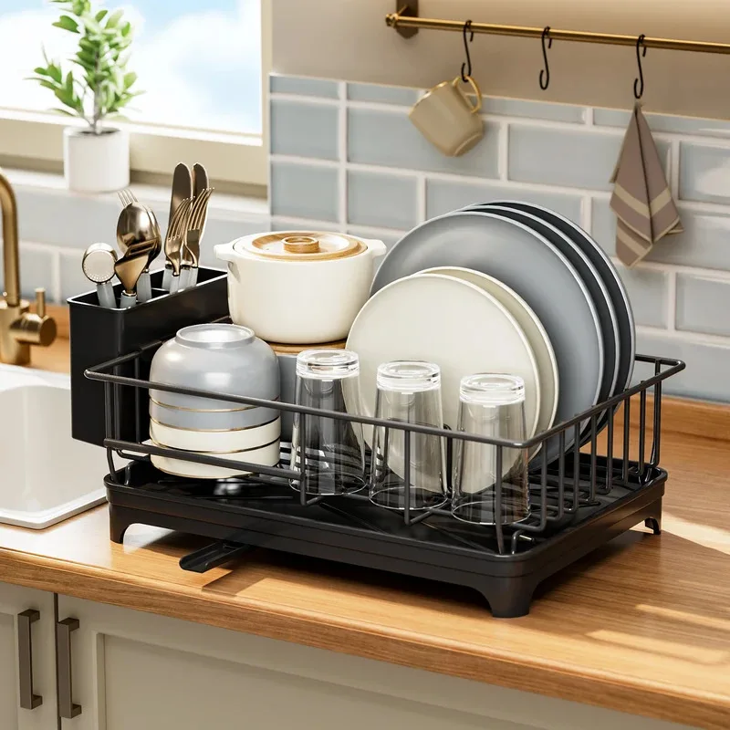 Stainless steel cutlery holder for kitchen sink, countertop utensil organizer with drain holes and detachable divider, anti-rust