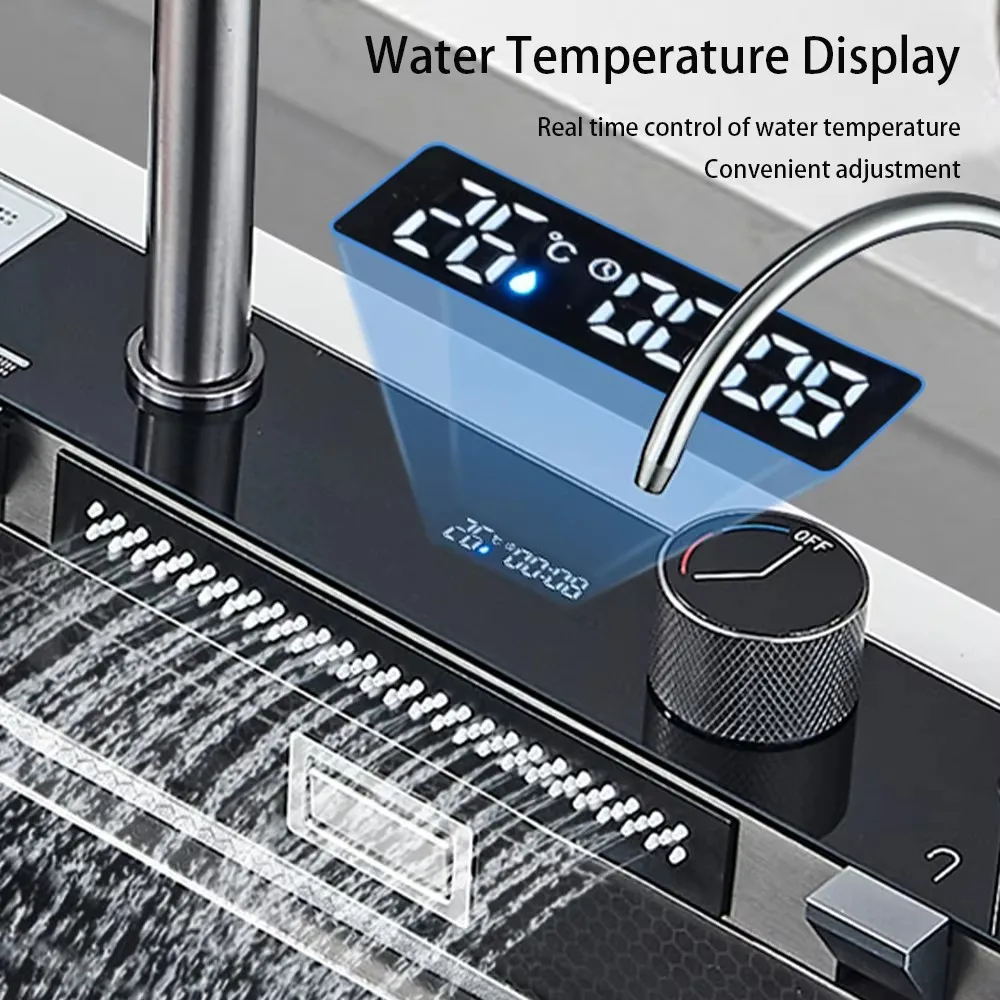 Pia de cozinha cascata de aço inoxidável 304, grande slot único, display digital integrado, conjunto de torneira, dispensador de sabão, copo, lavadora