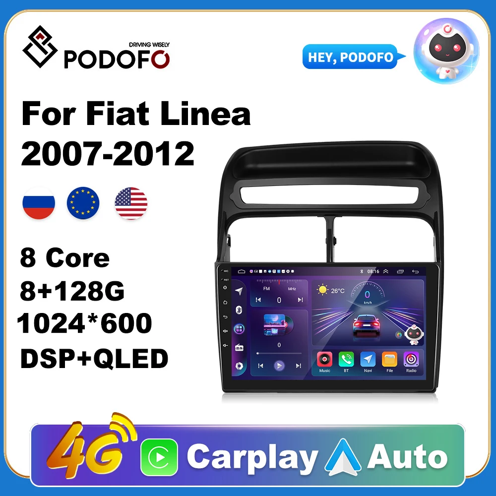 

Podofo Wireless CarPlay Andorid Auto Car Radio For Fiat Linea 2007-2012 left-hand drive AI Voice Multimedia GPS 2din autoradio