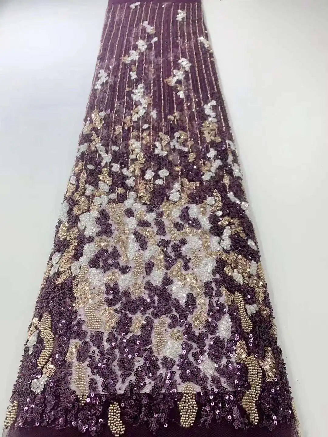 New Arrival Purple Color French Lace Fabric 49H-82203 Embroidered African Net Mesh with Sequins and Beads For Lady Party Dress