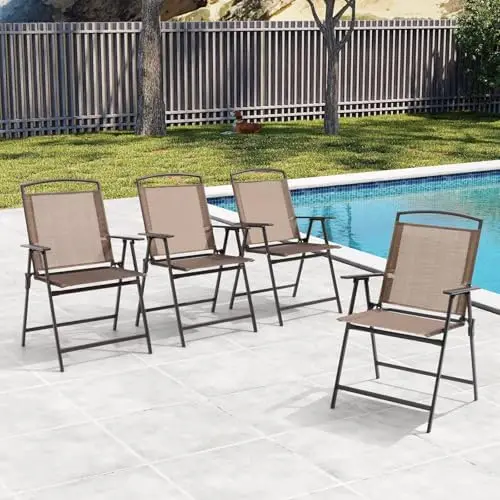 Set of 4 Patio Folding Chairs 4-Pack Dining Chairs Outdoor Portable Sling with Armrest for Camping, Beach, Garden