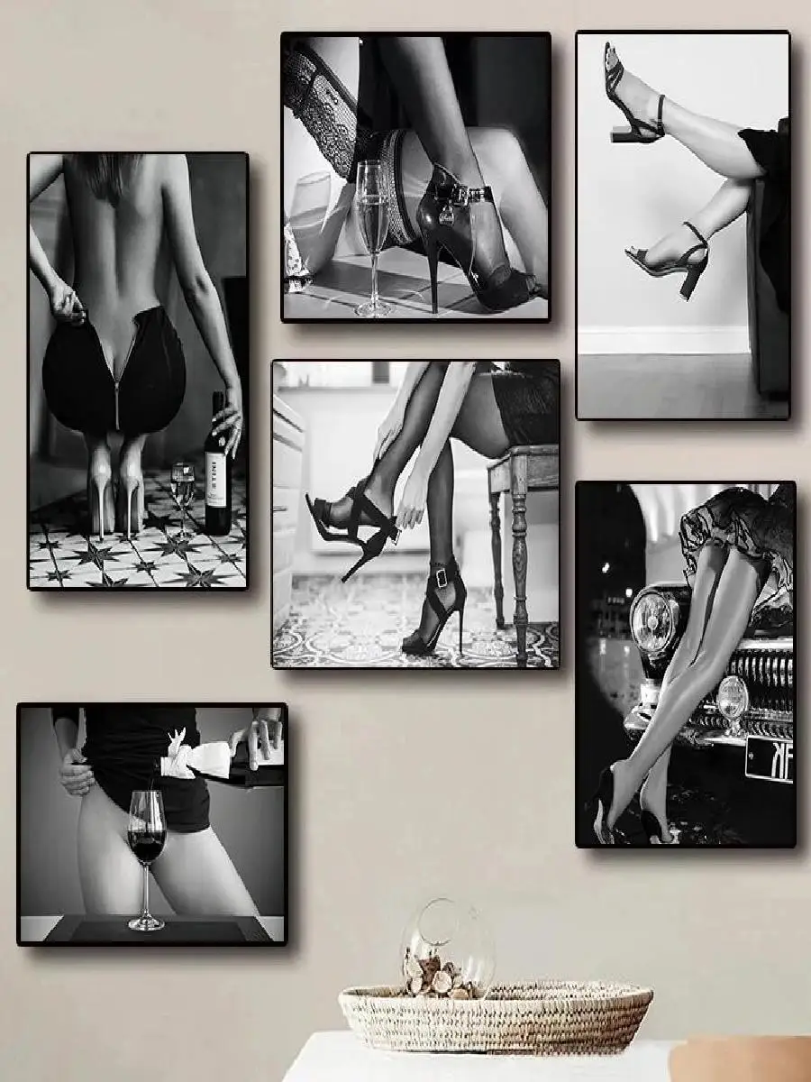 Modern Sexy Leg Girl Wall Art Poster  Black and White Women Wine Canvas Painting Print for Living Room Decor