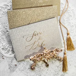 Luxury Champagne Custom LOGO Glitter Pocket Fold Envelope for Wedding Invitation Shiny Gift Packing Gold Foil Printing