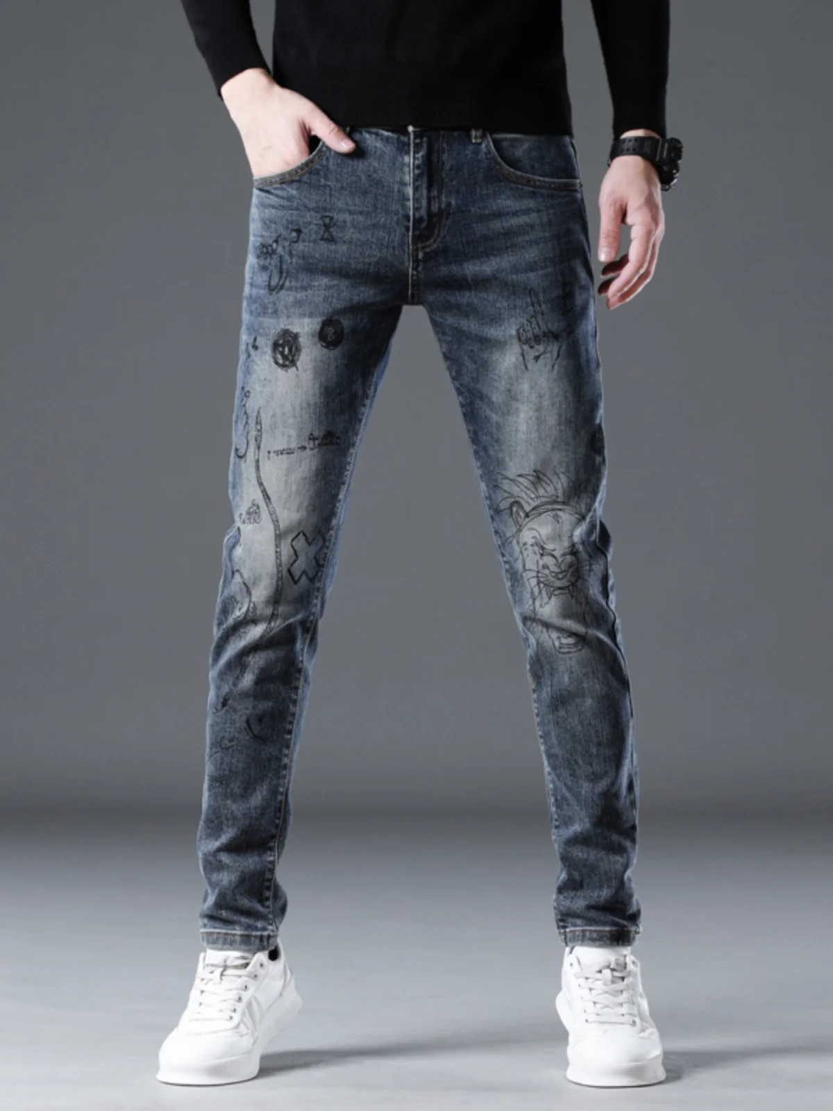 

Мужские джинсы Slim Fit с принтом, высококачественные, повседневные, универсальные, длинные брюки из эластичного хлопкового денима, средняя посадка, на молнии