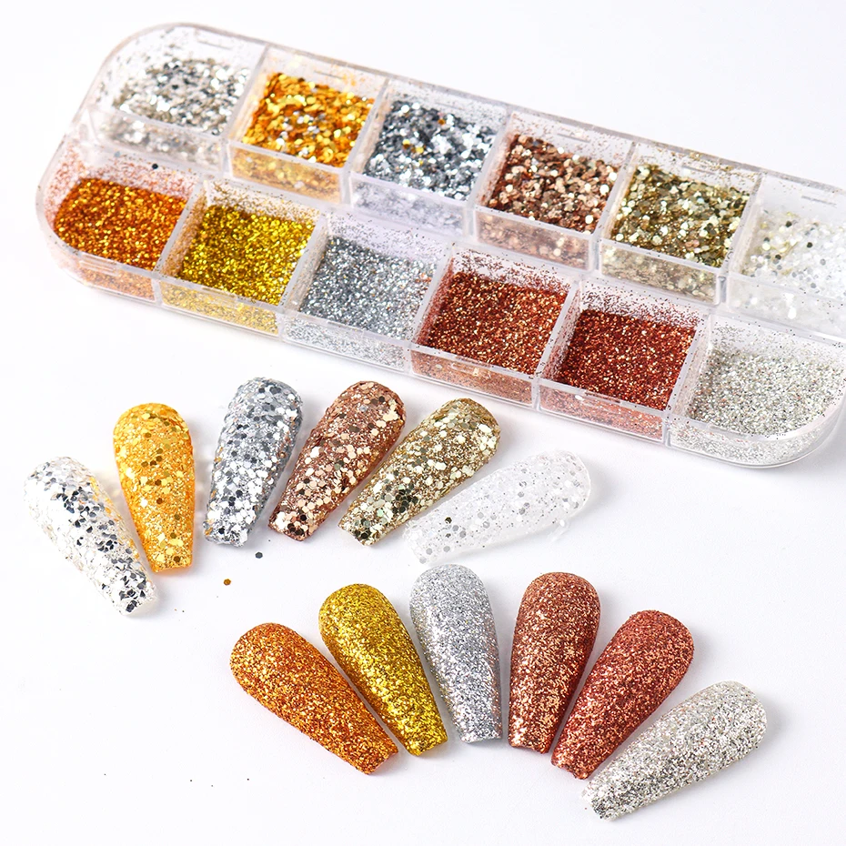 12 grades cromo dourado prateado prego glitter em pó brilhante espelho rosa lantejoulas pigmento areia poeira para decorações da arte do prego manicure