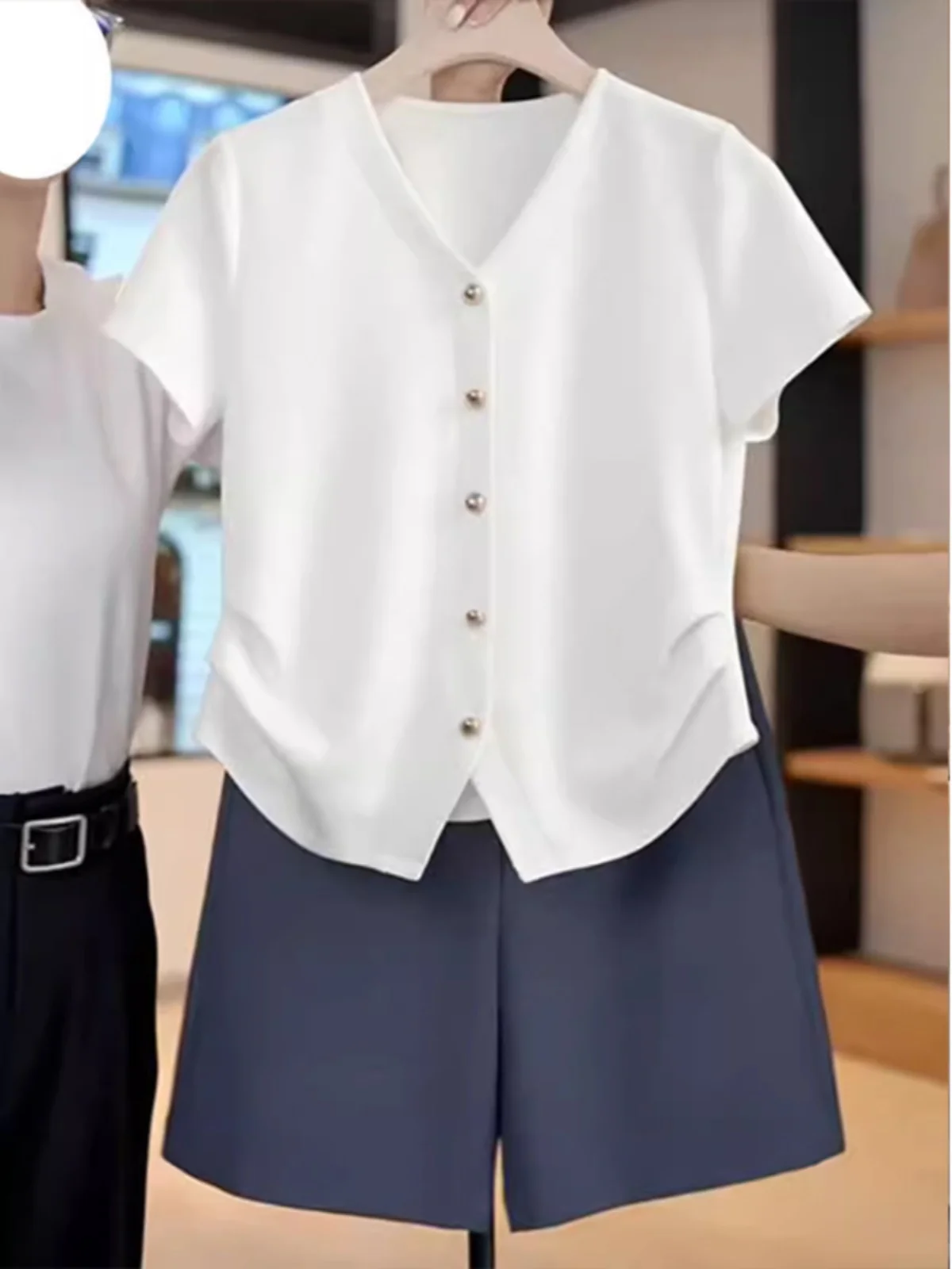 White V-neck Short-sleeved T-shirt Women's Summer plus Size Slimming Waist-cinching Irregular Korean Style Commute Fashion