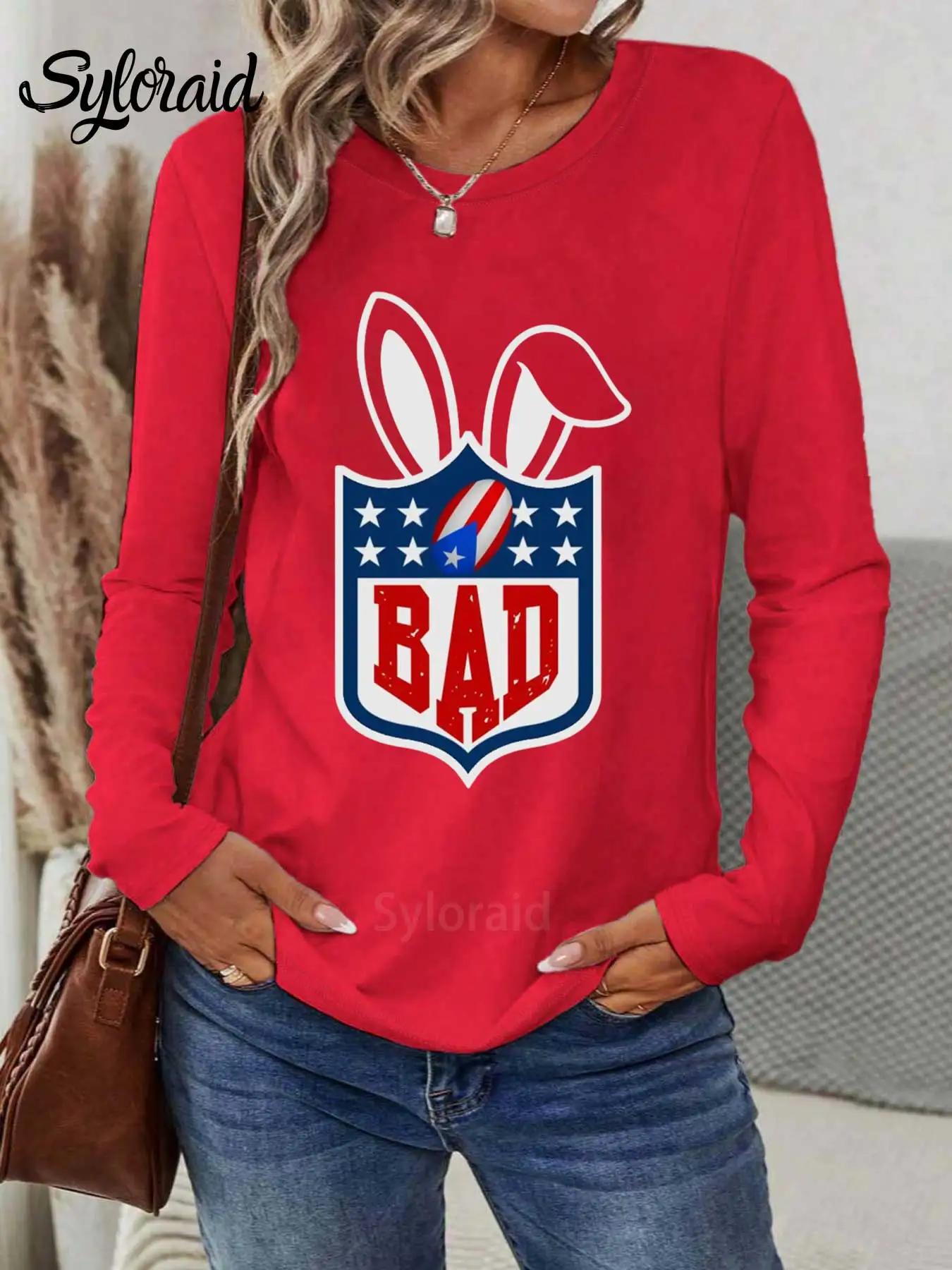 여성용 긴 소매 티셔츠 토끼 슈퍼 볼 축구 프린트 티셔츠 패션 라운드 넥 캐주얼 탑