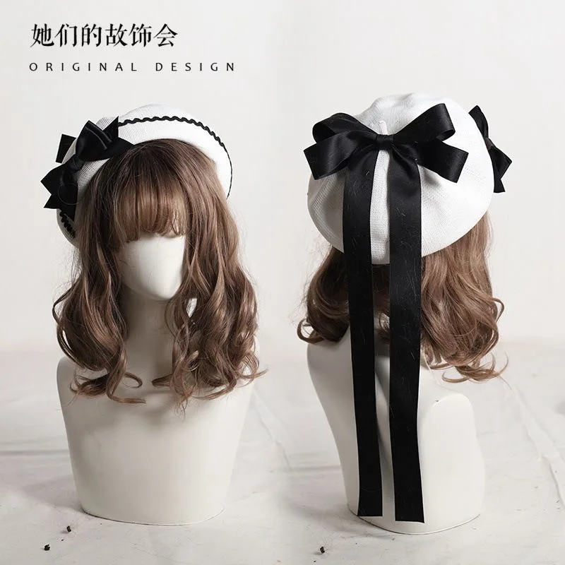 

Вязаная шапка с бантом Женские осенние шапки Коричневая сетчатая кепка Y2K Шляпа Женская зимняя японская шапка Jk Берет Y2K Дизайнерские шапки Розовый Черный берет