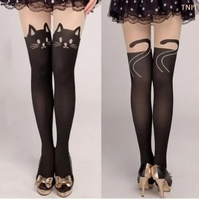 [J] Women Cute Black Cat Printed Knee Socks Casual Thigh Cotton Warm High Over Knee Socks Cute Romantic Socks Lady Cat