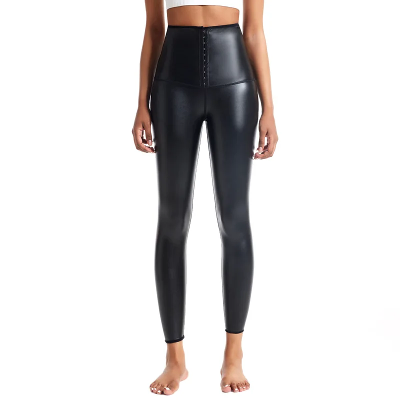 Women Super Soft Leggings Breasted High Waist Belly Tight Trousers Seamless Hip Lifting Leather Pants Thickened Shaping Yoga