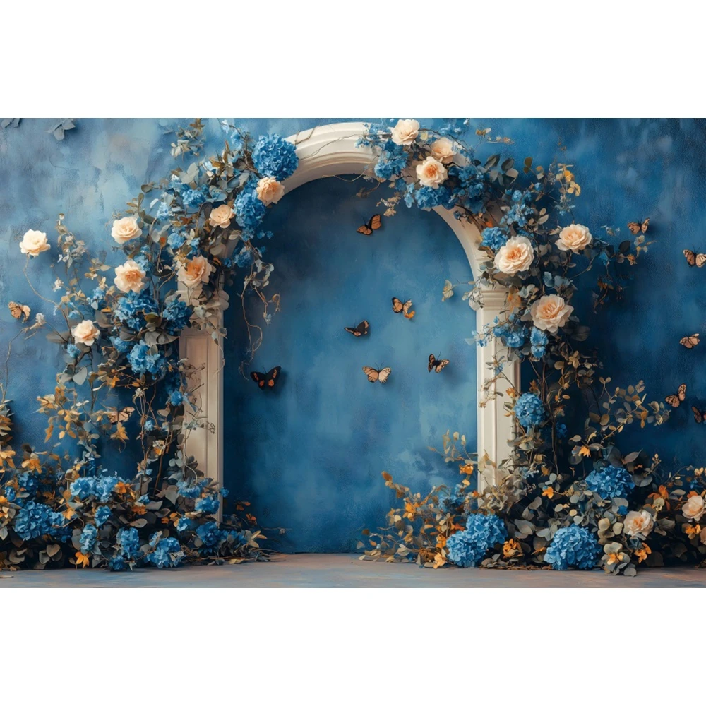 Blue Flower Butterfly Photography Backdrop Vintage Arch Door Floral Kids Birthday Wedding Art Portrait Photo Background Decor