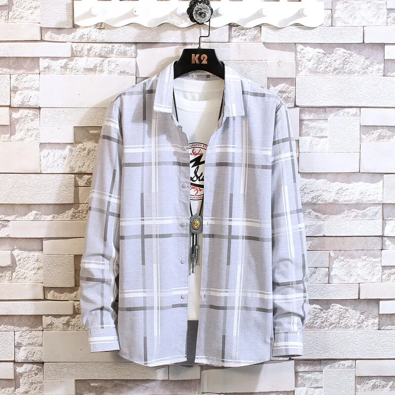 Classic Plaid Printed Long Sleeved Shirts Korean Slim Fit Casual Shirt Spring Lightweight Breathable Shirts Social Streetwear