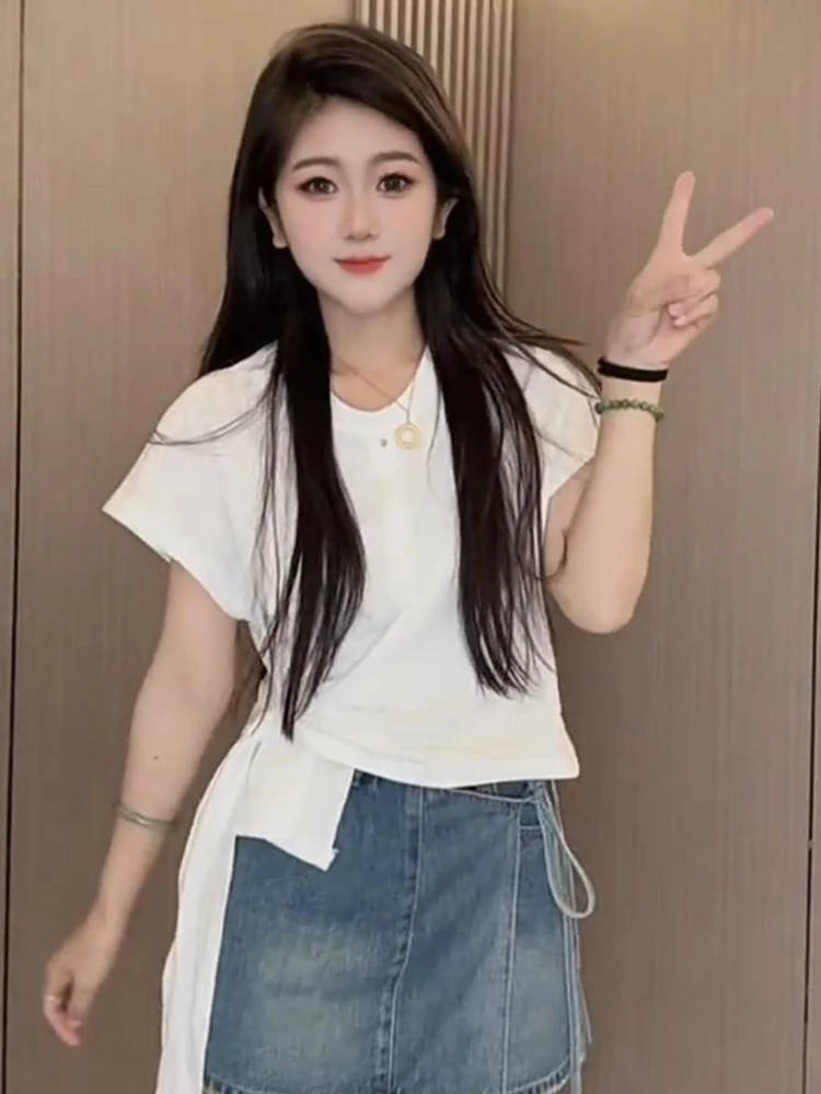 Letnia koszulka damska Sve T-irt Sle 2025 Nowy Trend Koreański Luźny Krój Okrągły Dekolt Casual Top dla Młodych Kobiet 8-24