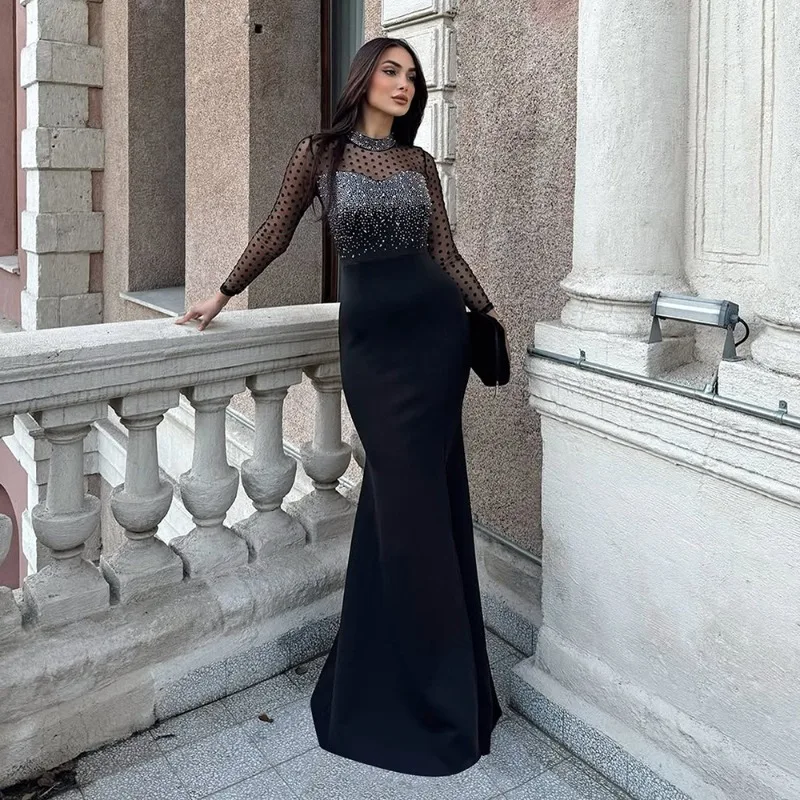 

KEXU Women Full Sleeve Sheer Mesh Diamonds Hot Rhinestones Midi Maxi Long Dress 2025 Summer Birthday Vacation Party Dresses