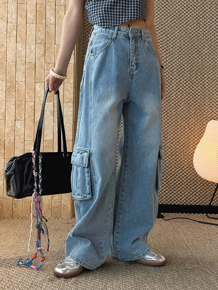 FANAN Spring Summer New Vintage Workwear Style Pocket Symmetry Patchwork Jeans Loose Washed Long Pants For Women Streetwise