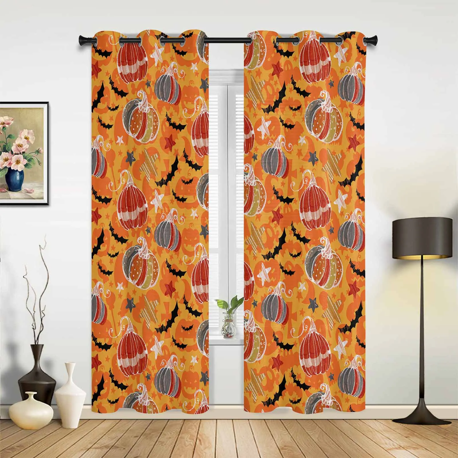 Halloween Hand-Painted Pumpkin Window Curtains Printing Curtains for Living Room Modern Design Bedroom Decor Drapes