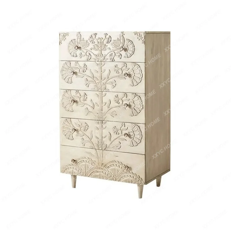 AA retro art solid wood carving flower chest of drawers country bedroom drawer storage