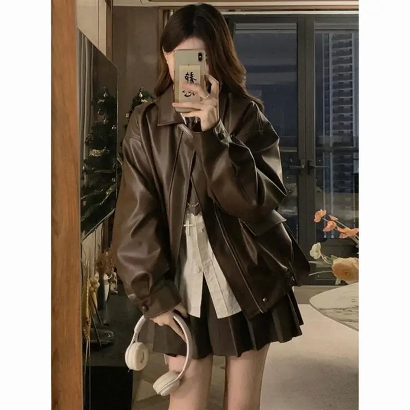 

American Retro Brown Leather Jaet Women's Spring Autumn New High-End PU Motorcycle Clothes Top Faion Ladies Coat