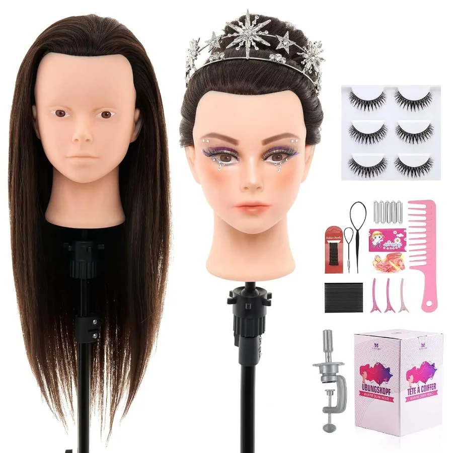 

28Inch 80 Real Hair Mannequin Head for Cosmetology Training and Styling Practice Ideal for Makeup Application Braiding Curling