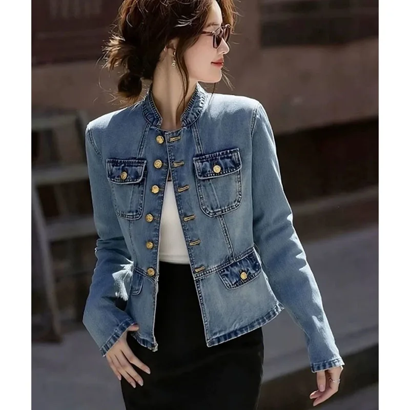 

Splicing Denim Coat Women New Retro single-breasted Jacket Top Loose Long Sleeves Casual All-Match Short Cowboy Jacket Ladies