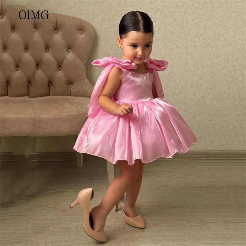 OIMG Pink O Neck A Line Flower Girl Dresses Bow Strap Wedding Party Dress Knee Length Birthday Dress niñas Customized