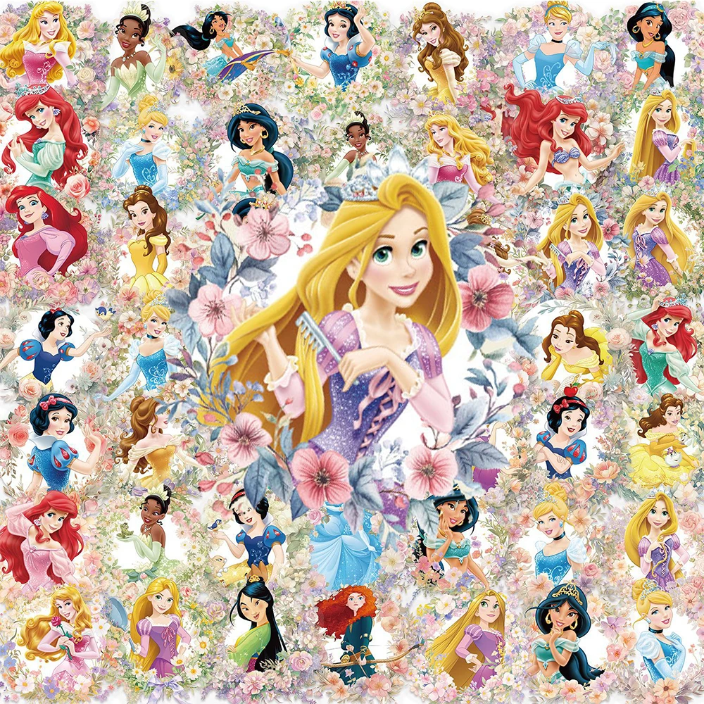 50pcs Transparent Disney Princess Flowers Cartoon Stickers Cute Graffiti Decal for Scrapbook Laptop Guitar DIY Aesthetic Sticker