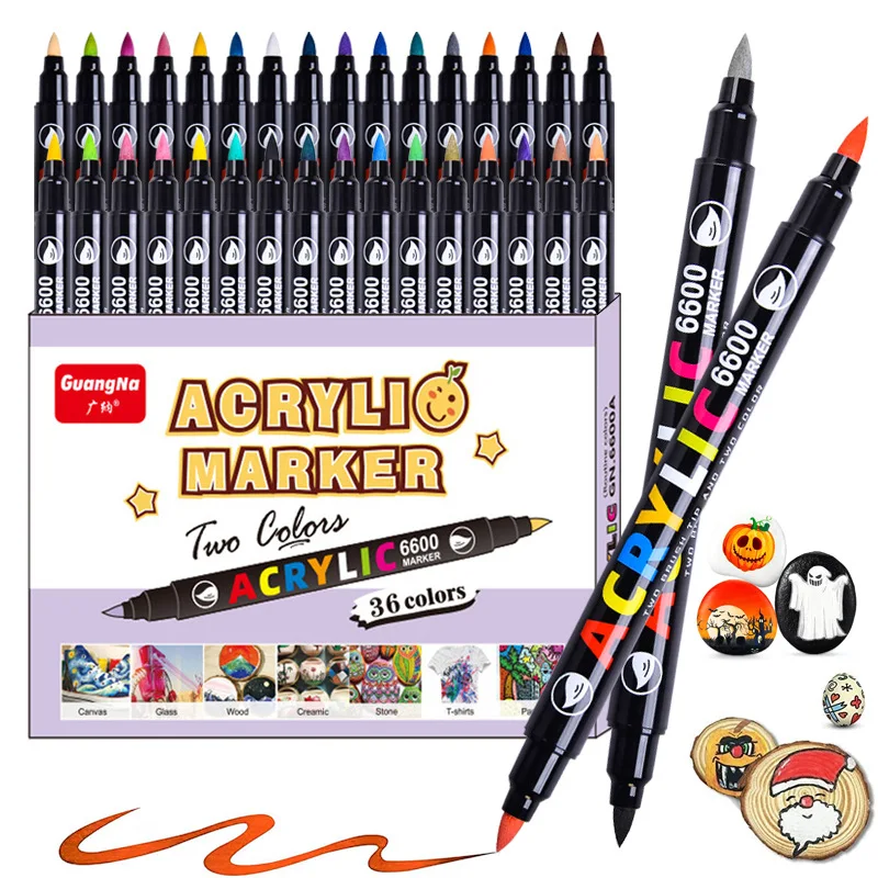 Double Nib Bicolor Acrylic Marker Pen Upper Graffiti Waterproof Permanent Dual Soft Brush Drawing on Rock Wood Book Kid Gift