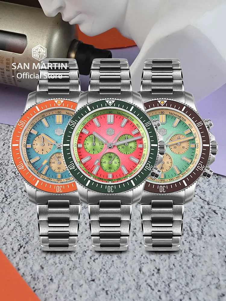 San Martin 40mm Diver Chronograph Watch Peacock SL-4801 Automatic Movement Luxury Men Mechanical Wristwatch Waterproof SN0118
