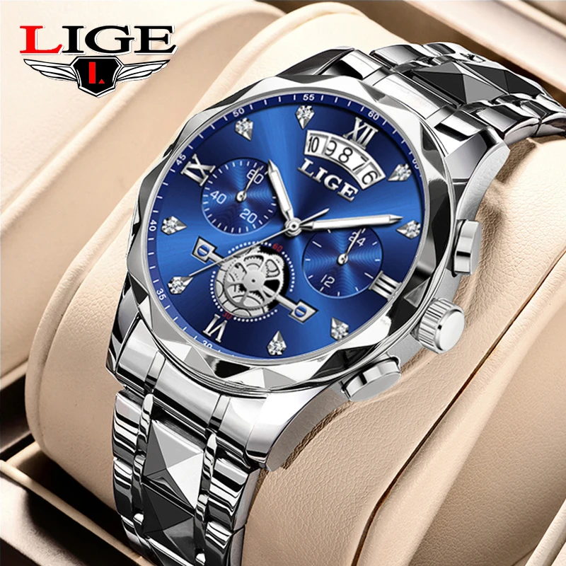 

LIGE Luxury Man Watch Business Blue Dial Date Quartz Watches Original Movement Waterproof Chronograph Stainless Steel Mens Watch