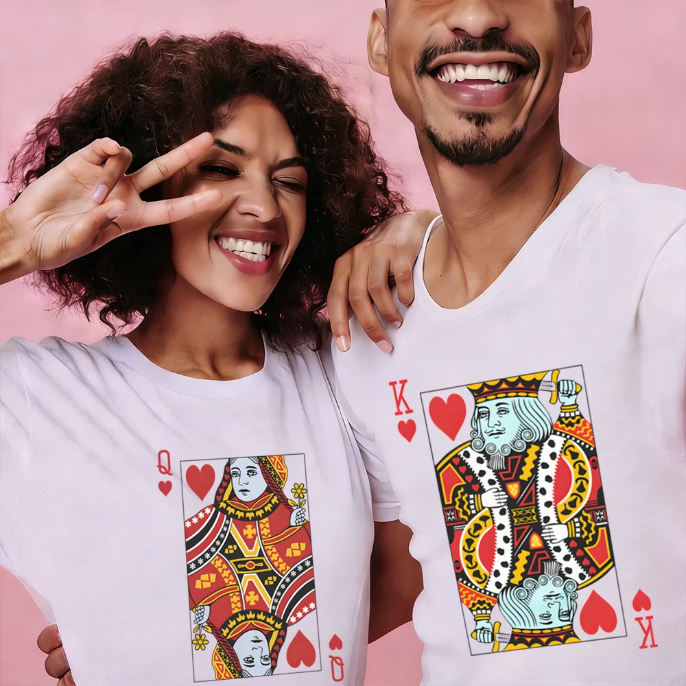 

Fun Playing Cards Heart K&Q Graphic T Shirts Y2K Fashion King Queen Tees Women Men Casual Valentine's Day Couple Tshirt Gifts