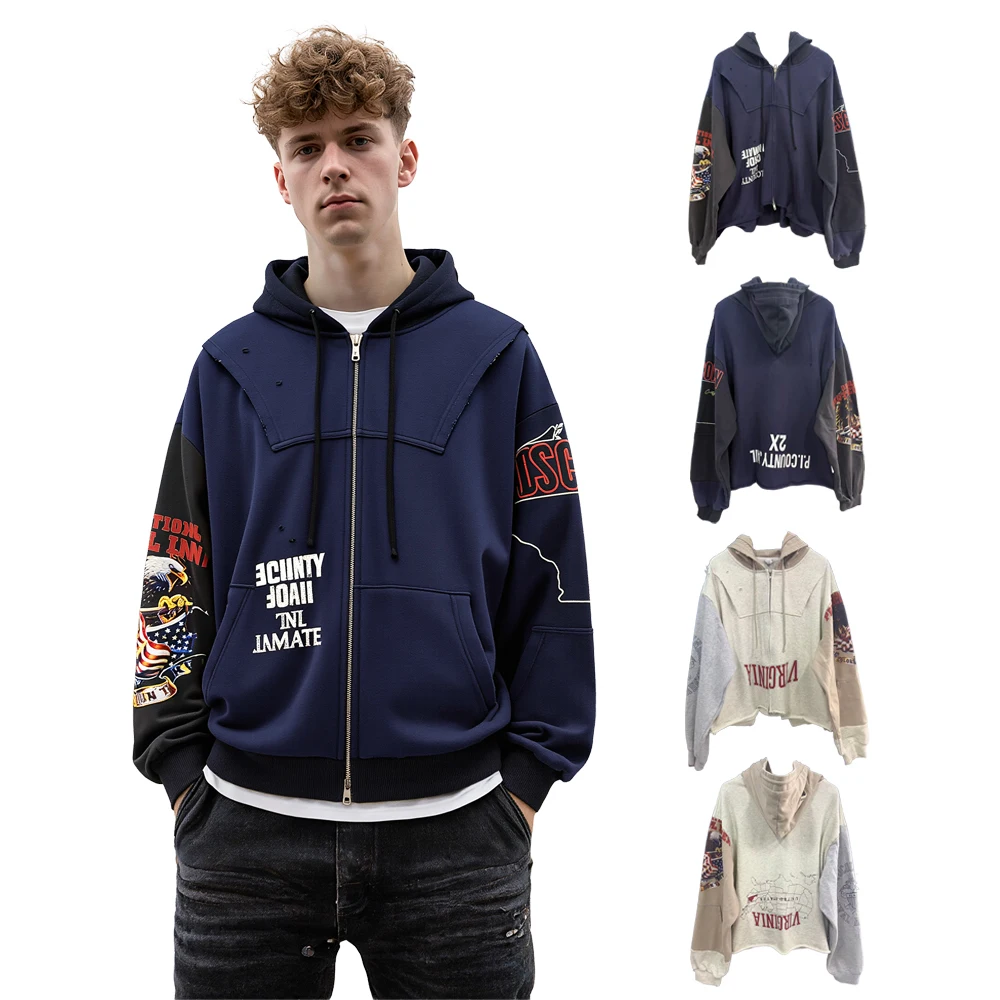Y2k American Streetwear Patchwork Letter Graphic Zip Up Hoodies Hiphop Street Style Cotton Distressed Ripped Hole Casual Hoodies