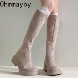 Autumn Winter Women Stretch Knee-High Boots Fashion Slip On Vintage Square Heels Ladies Concise Long Botas De Mujer