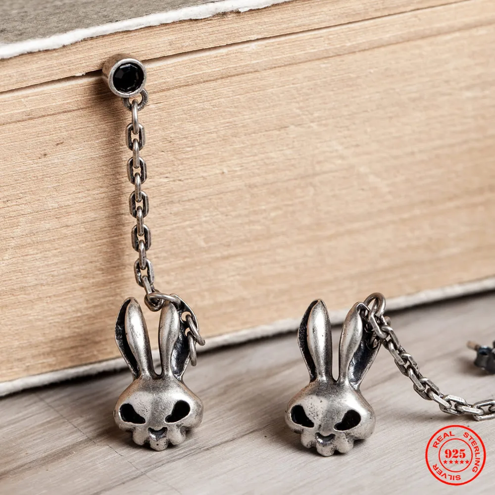 MKENDN 100% 925 Sterling Silver Creative Cute Evil Rabbit Skull Drop Earring Trendy Street Punk Style Men Women Fine Jewelry