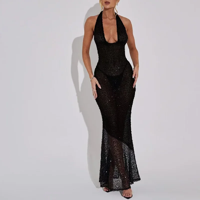 

Sexy Deep V Hollow Sequin Lady Chic Slim Evening Gown Women's Elegant Nightclub Banquet Perspective Hip Lifting Long Dresses