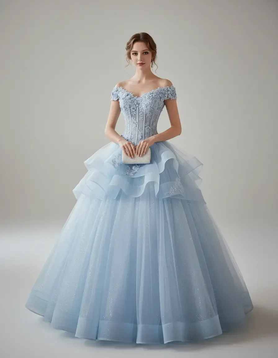 

Light Blue Off Shoulder Princess Ball Gown Quinceanera Prom Dress Evening Gown for Birthday Party