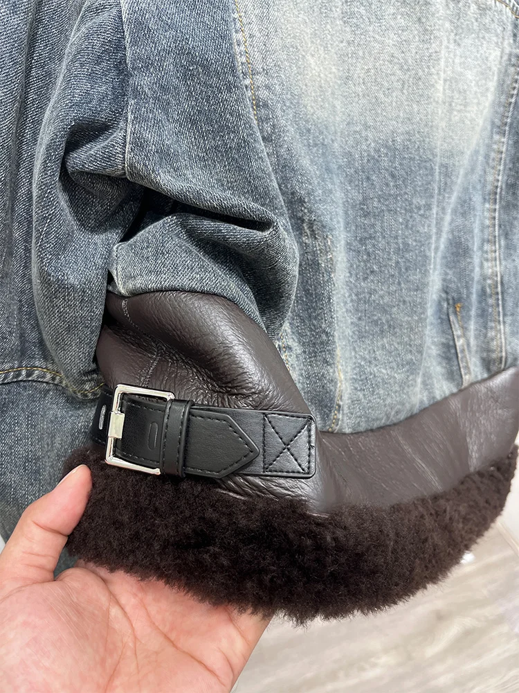 2025 Fashion Women Real Merino Sheep Fur Collar Denim Down Jacket Winter Warm Thick Luxury Clothing Parkas Female Puffer Jacket