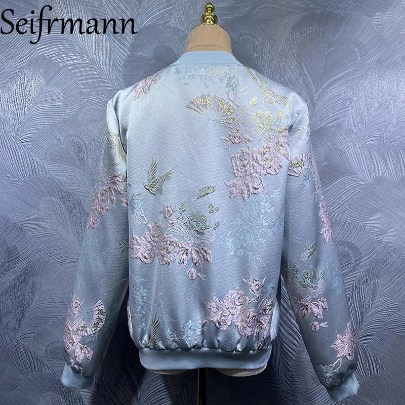 Seifrmann 2026 Summer Women's New Fashionable Stand up Collar Long Sleeve Nail Bead Jacquard Zipper Coat