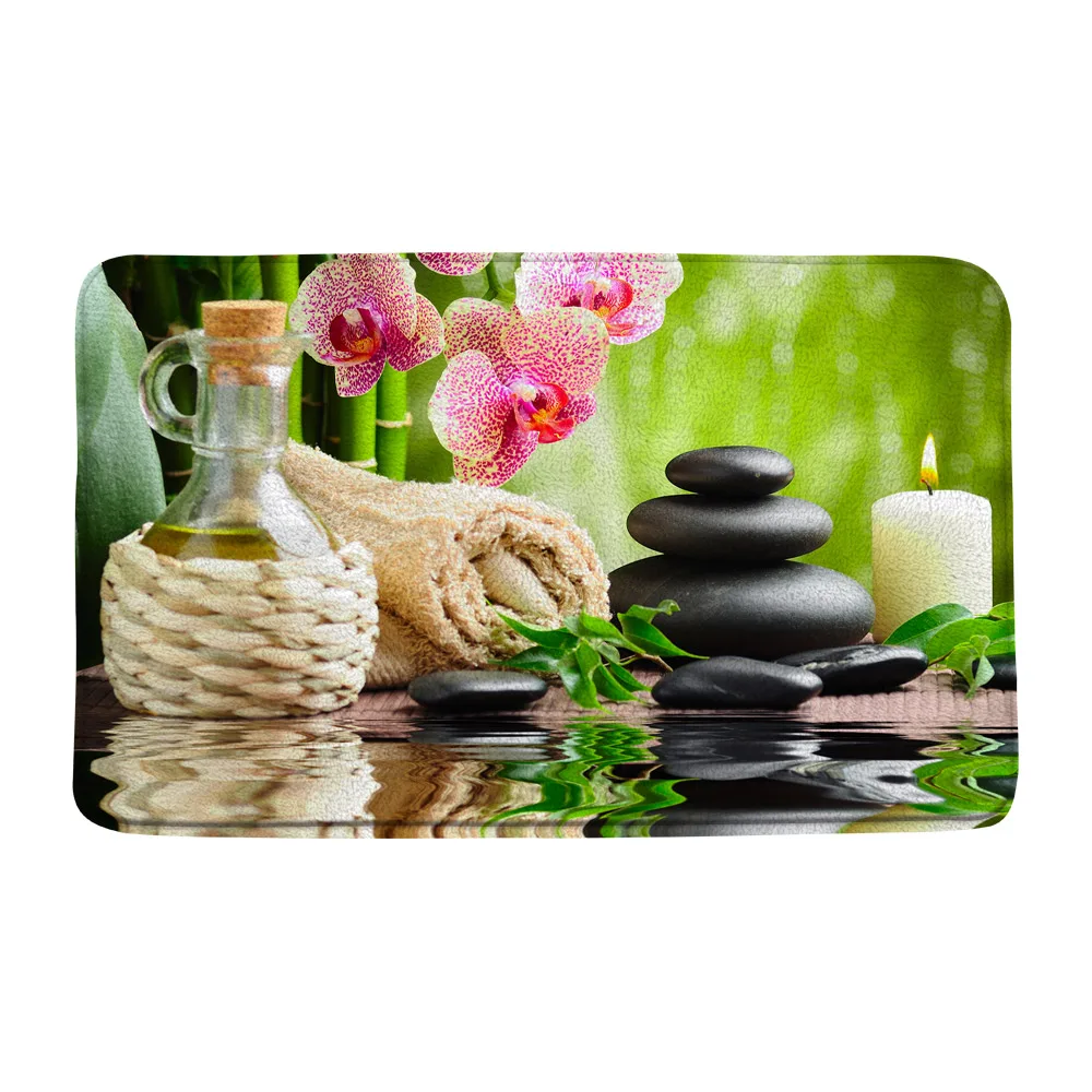 Spa Bath Mats Exotic Bamboo Stalks Candle Zen Stone Floral Bathroom Rugs Flannel Floor Carpets Entrance Doormat Non Slip Backing