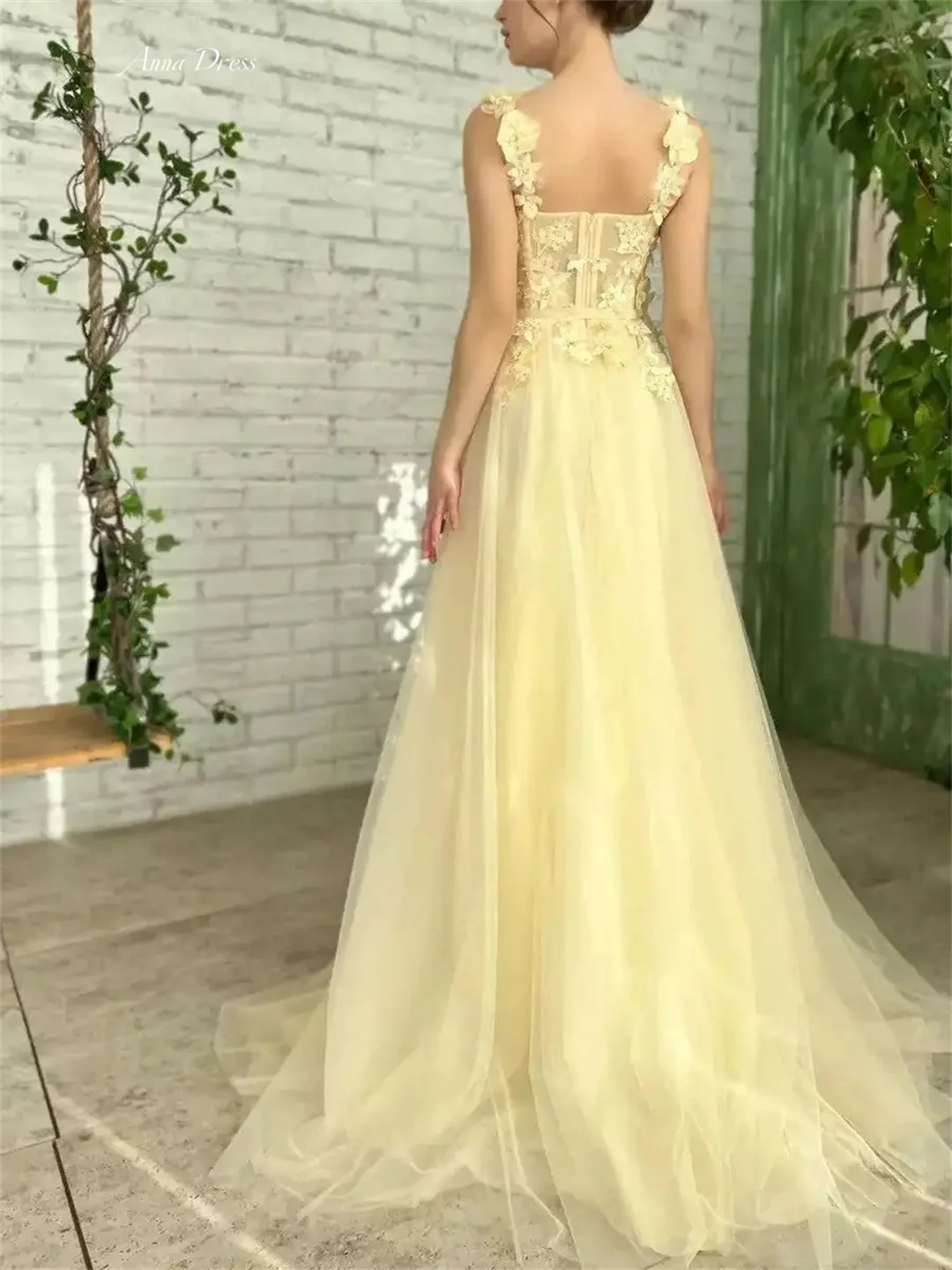 Anna Wedding Dress Evening Dresses for Special Occasions Yellow Flowers Lace Appliqué Gauze Custom Made Line A Spaghetti Straps